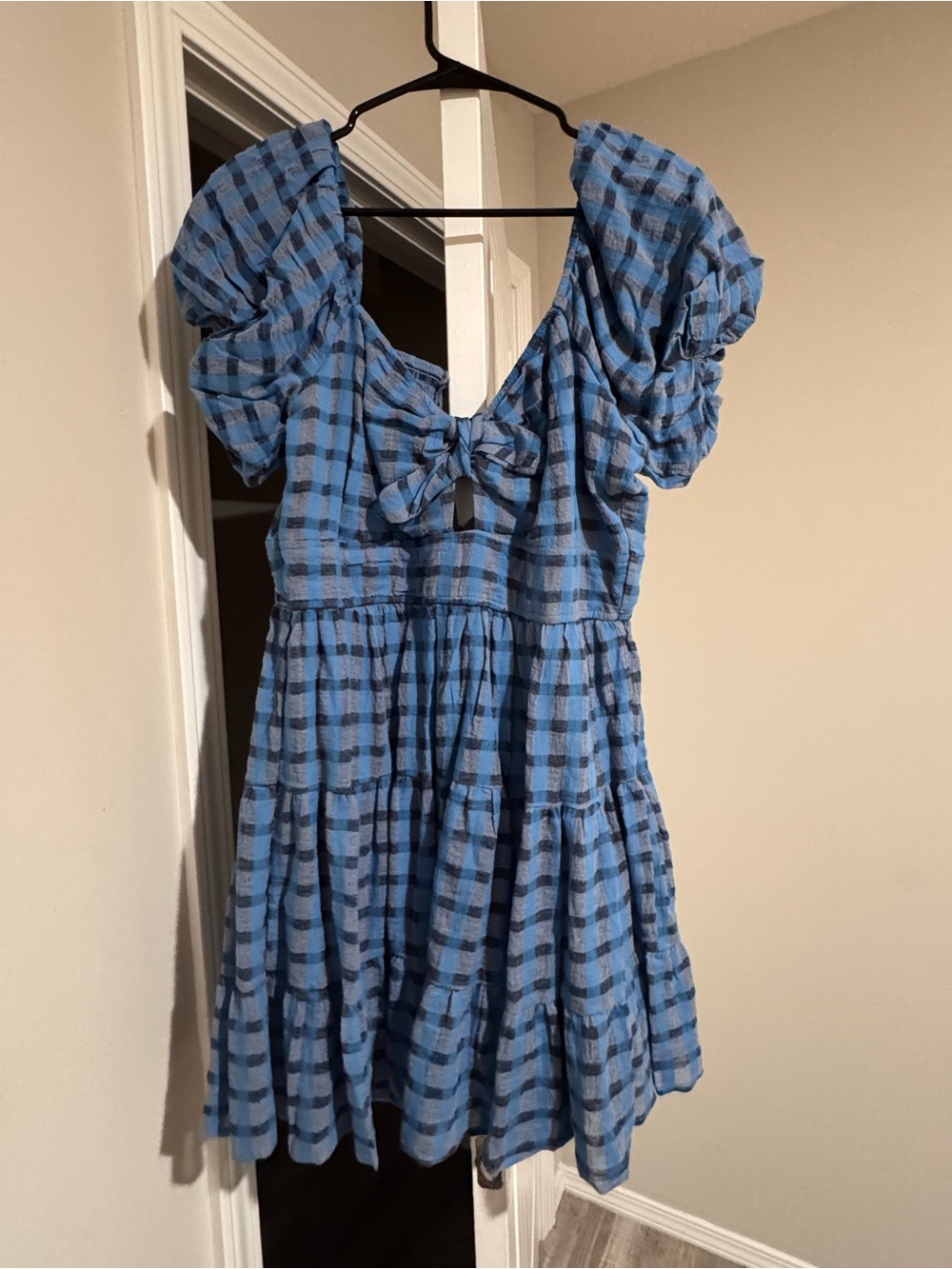 Blue Plaid Puff-Sleeve  Dress with Front Tie